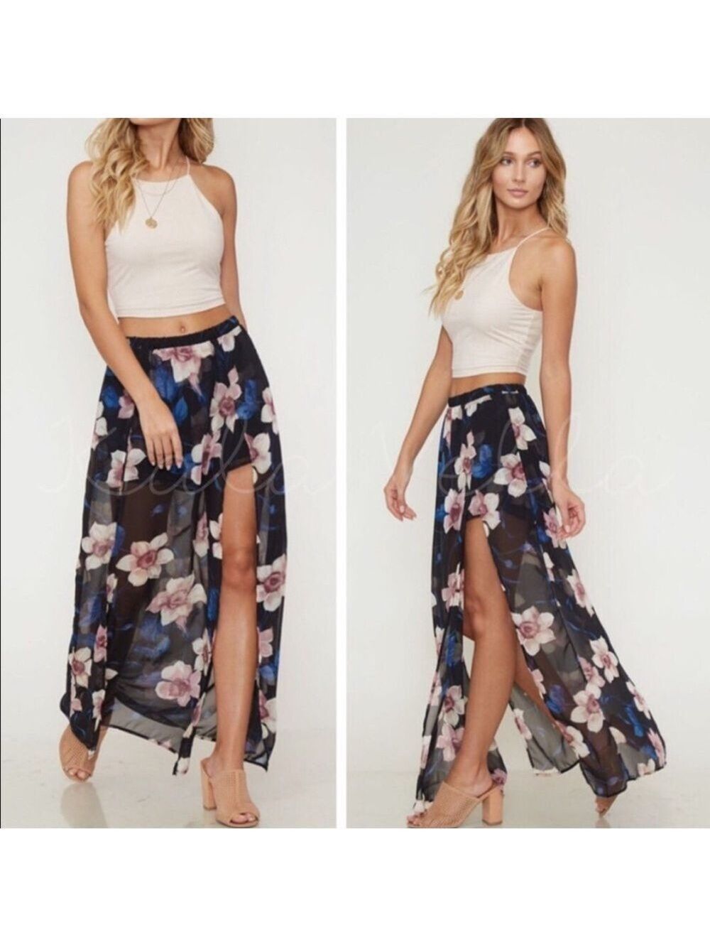 Floral Sheer Black Maxi Skirt with Side Slit - Picture 2 of 7